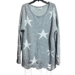 Andree by Unit Sweater Womens 2X Gray White Star Graphic Distressed Pullover
